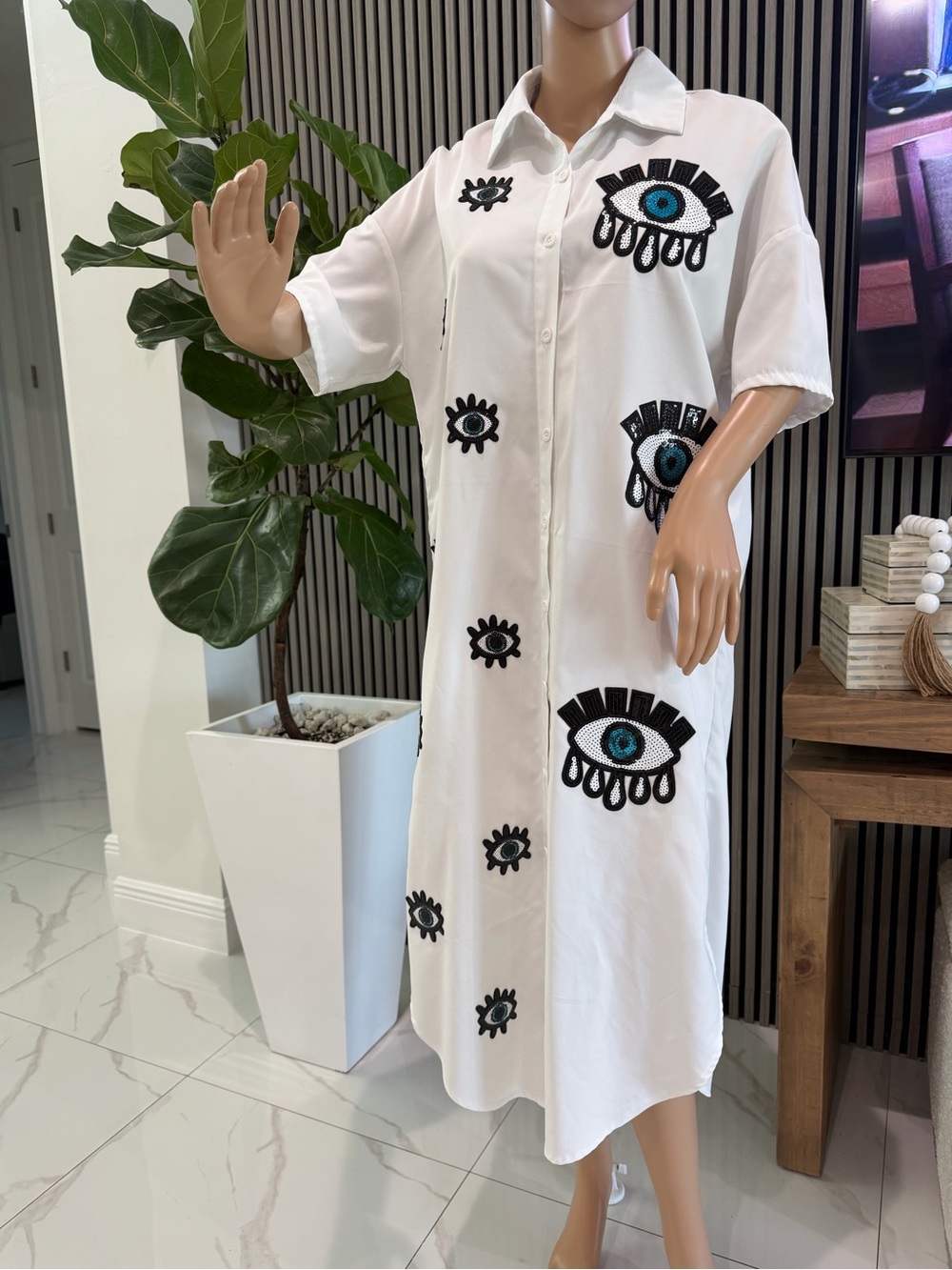 White Eye-Embroidered Button-Front Shirt Dress